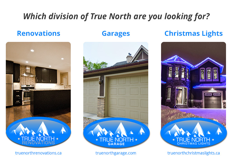 A Calgary garage renovation by True North Home Services shown in the left. Top right image shows a deck built by True North Home Serives. Bottom right image shows a fence in a Calgary backyard built by True North Home Services.